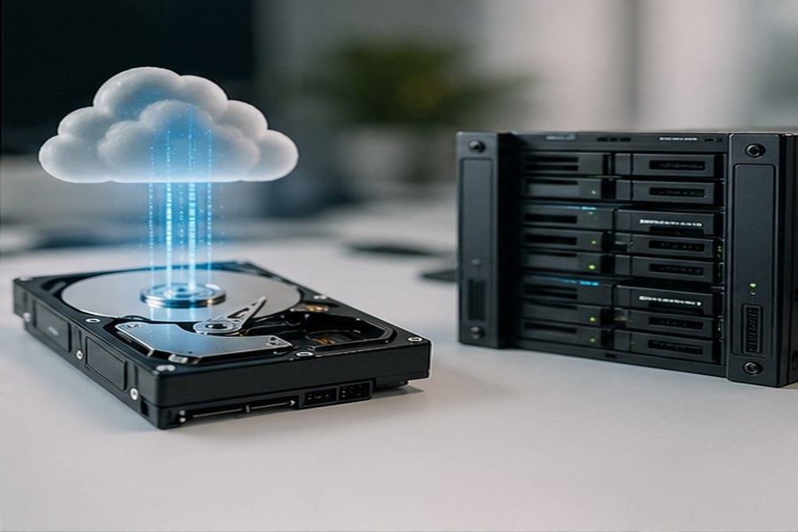 Secure data recovery workspace with storage drives and backup monitoring