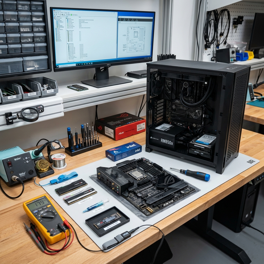 Desktop computer repair workbench with diagnostic tools