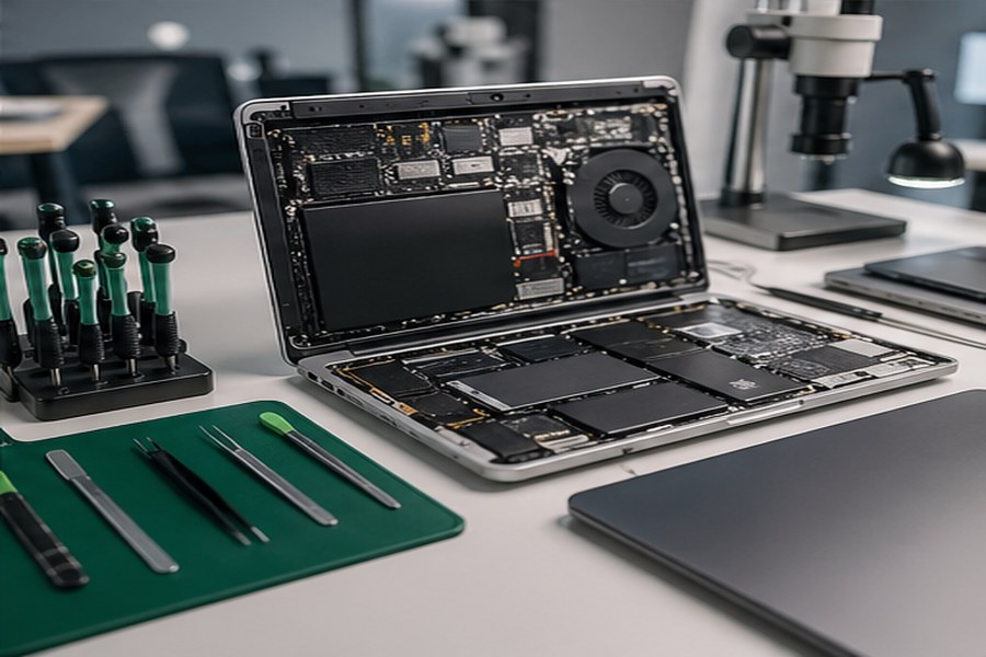 Professional computer, phone, tablet, and laptop repair workbench