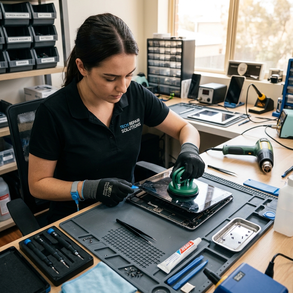 iPad repair workspace with tablet diagnostics