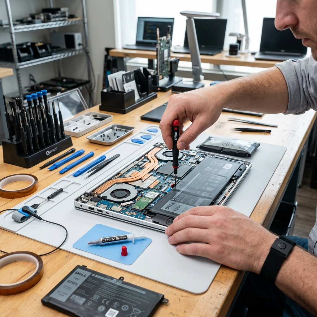 Laptop repair bench with diagnostics and replacement parts