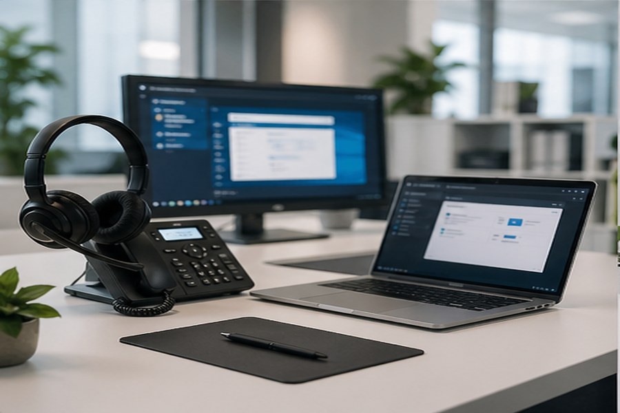 Technician providing secure onsite and remote IT support for a business user