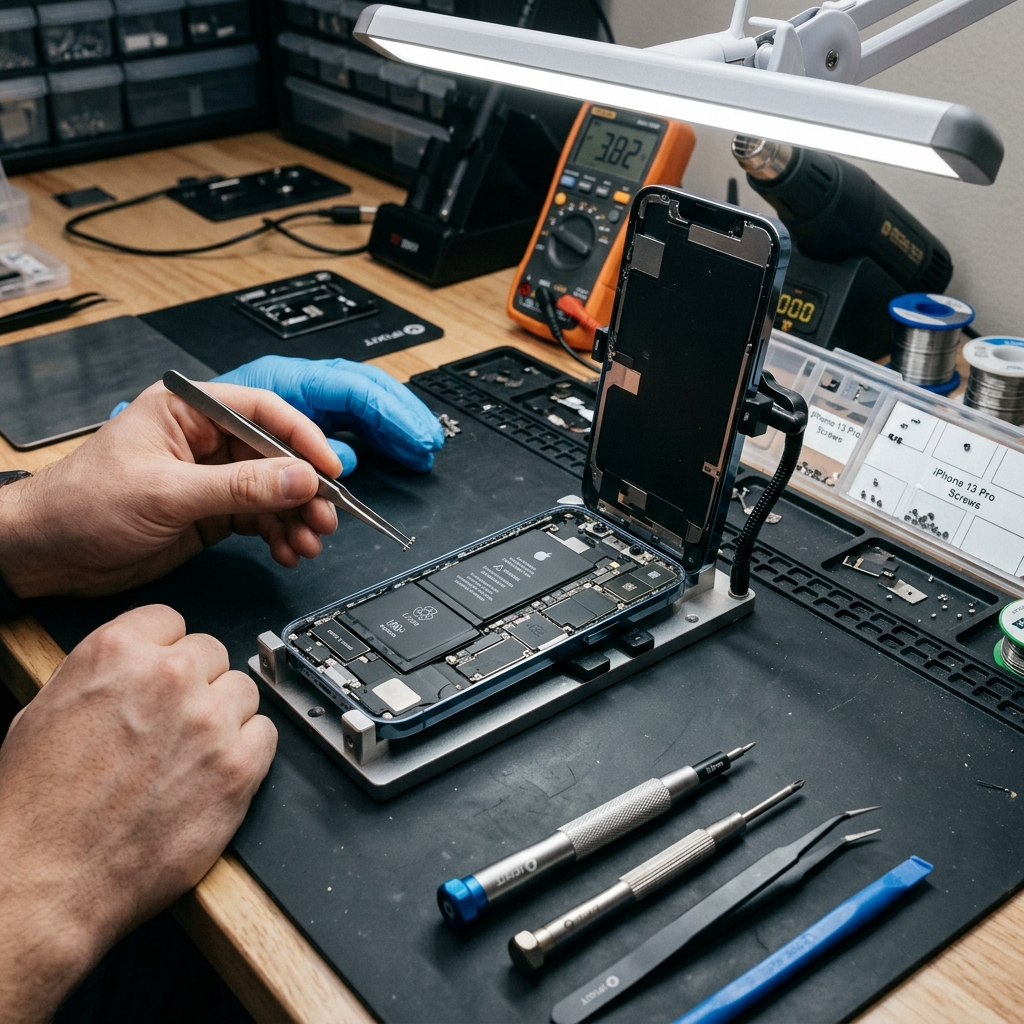 Phone repair workspace with screen and battery replacement tools