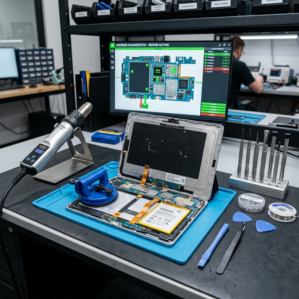 Tablet repair workspace with diagnostic equipment
